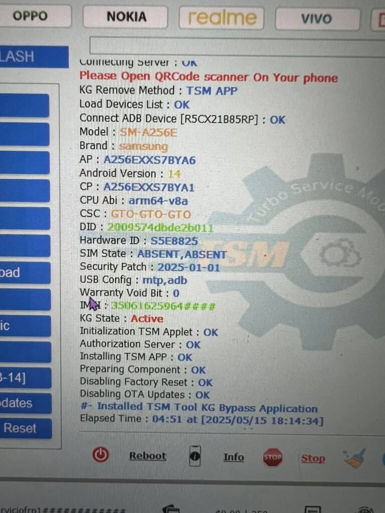 Samsung a25 5g sm a256e u7 android 14 kg lock remove with tsm tool