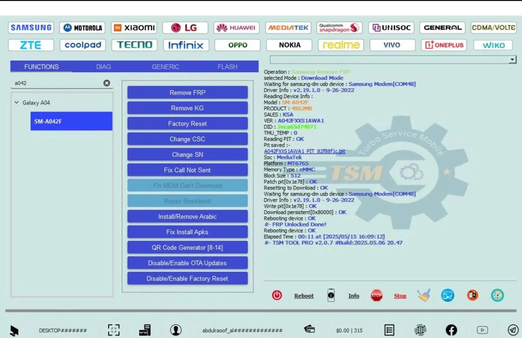 Sm a042f frp lock remove in download mode