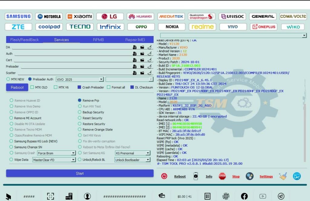 Vivo 15s v2120 frp remove android 12 with tsm tool