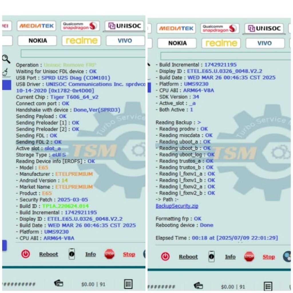 Etel e65 remove frp lock with tsm tool pro