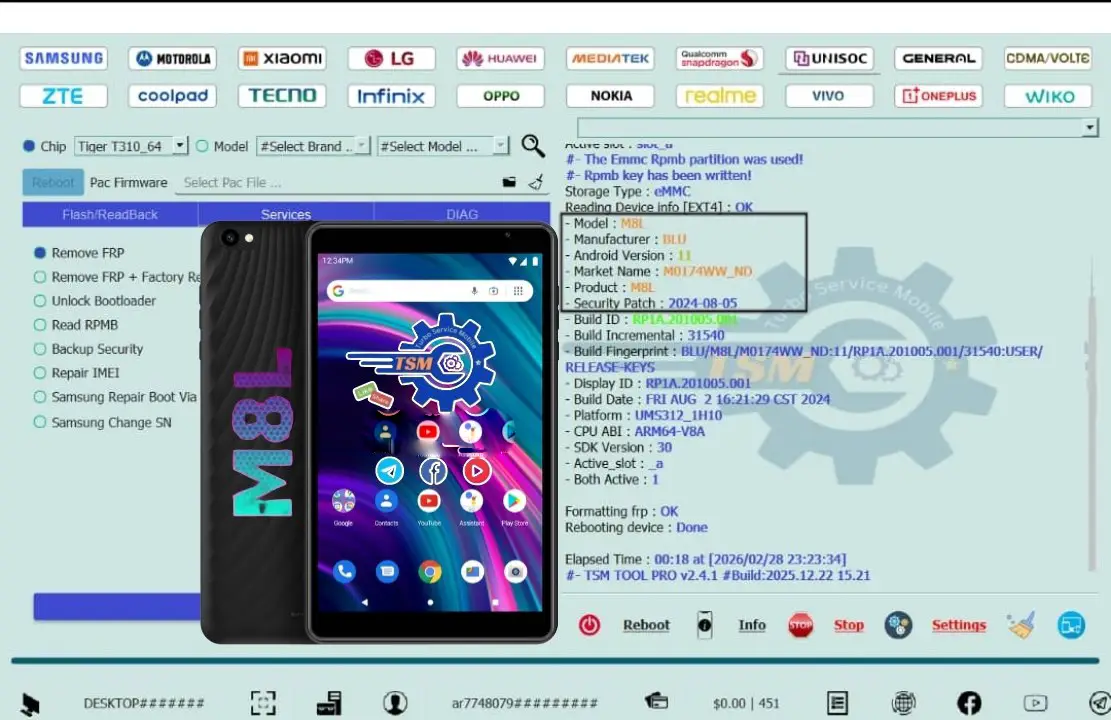 TSM Tool Pro successful FRP Unlock screen for BLU M8L 2022