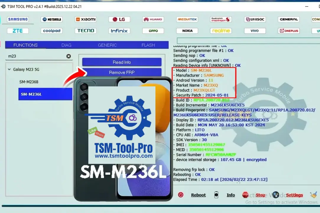 TSM Tool Pro FRP Remove Success Screenshot - Samsung Galaxy Buddy 2 5G SM-M236L Android 14
